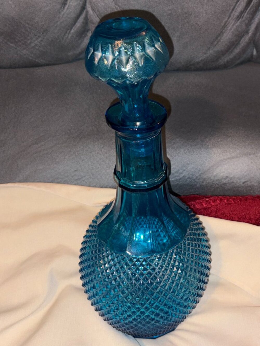 VTG 1960's Empoli Blue Diamond Point Cut Glass Decanter-Faceted Stopper-13"H-EUC